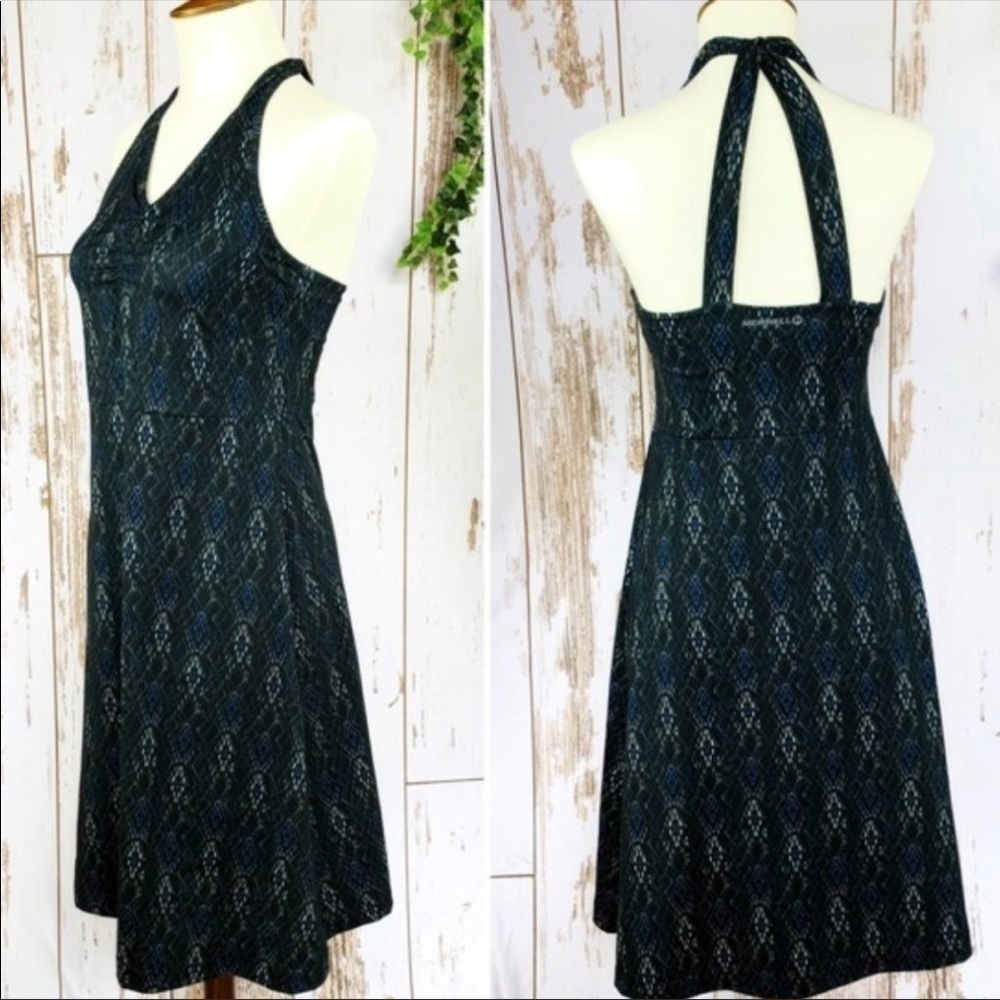 Merrell Black Midi Abstract Dress Opti Wick Printed Strappy Back Halter Size XS